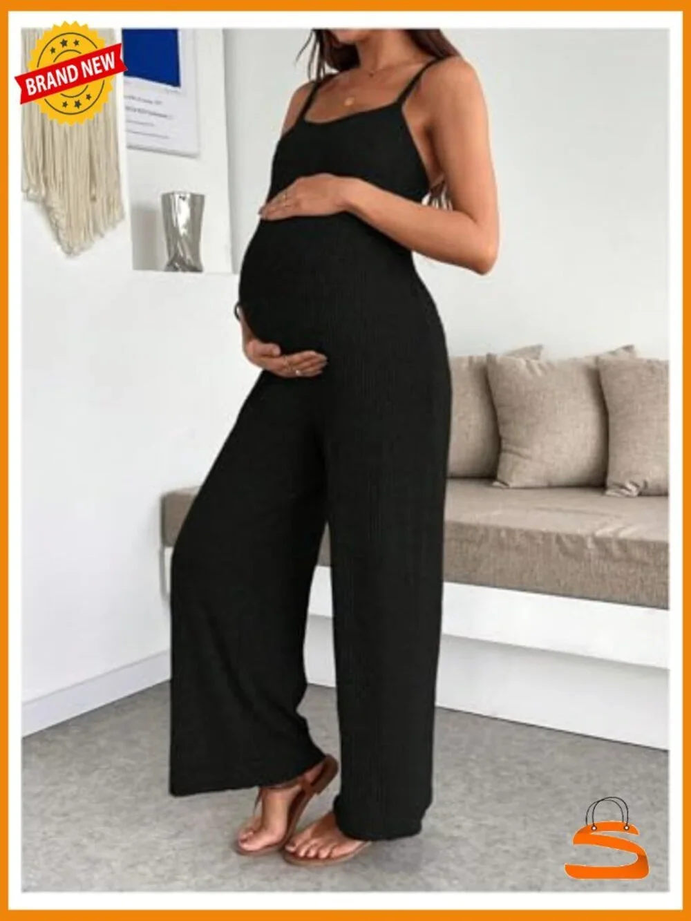 Spaghetti Strap Rib Knit Maternity Jumpsuit Wide Leg Overalls Romper